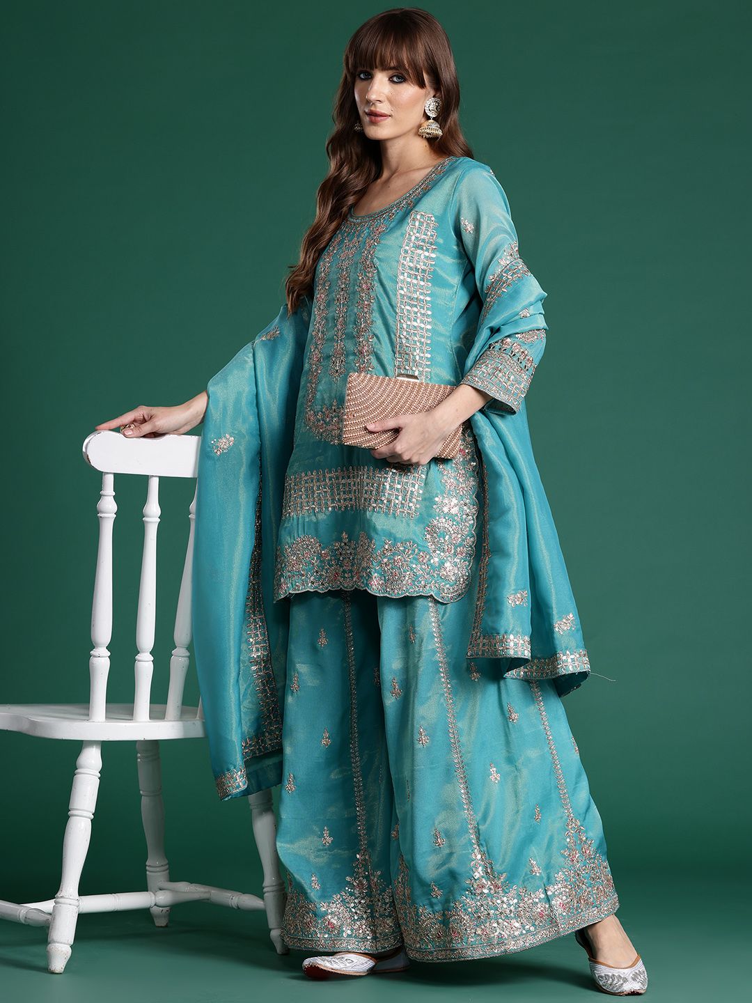 Ethnic Motifs Embroidered Sequinned Kurta with Palazzos & With Dupatta