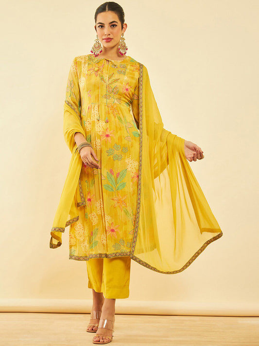 Dhiyona SO Women's Floral Printed Pleated Sequinned Kurta with Trouser & Dupatta