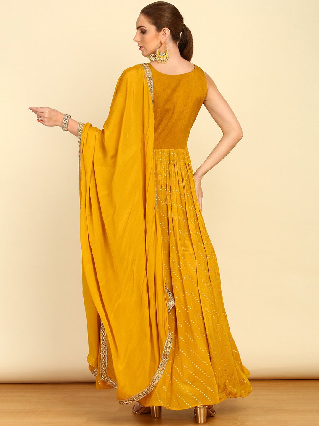 Dhiyona SO Women's Mustard Yellow Floral Embroidered Sequinned Anarkali Kurta with Churidar & Dupatta