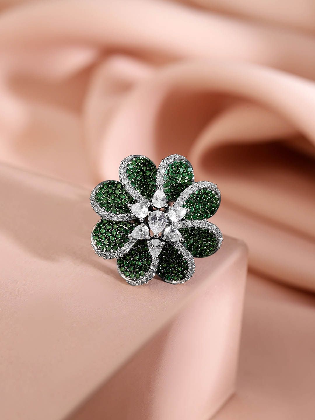 Dhiyona RJ Women's Rhodium-Plated Stone Studded Floral Adjustable Finger Ring