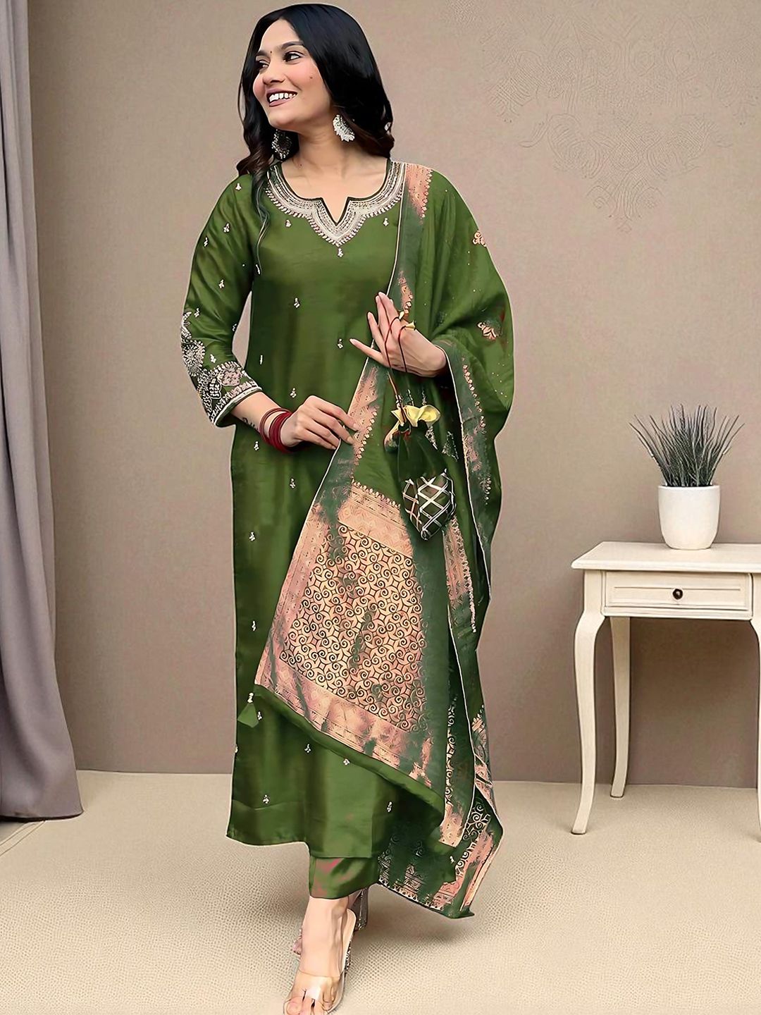Dhiyona SN Women's Floral Embroidered Sequinned Straight Kurta with Pyjama & Dupatta
