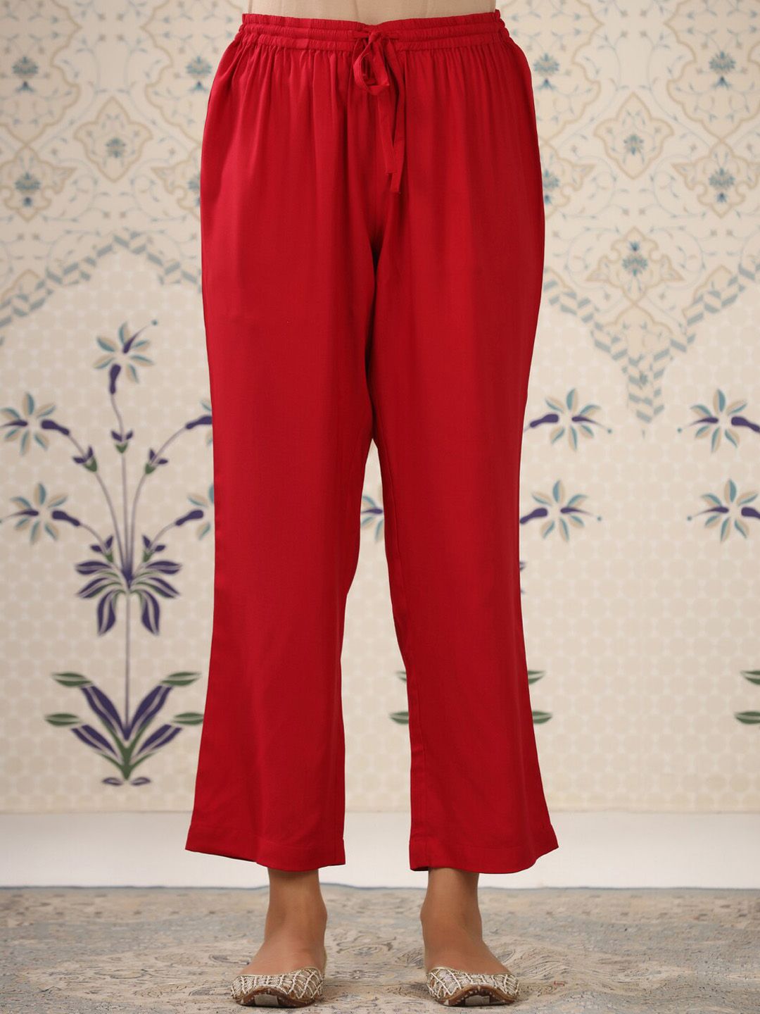 Dhiyona OD Cream-Coloured & Red Printed Notched Neck Kurta With Palazzos