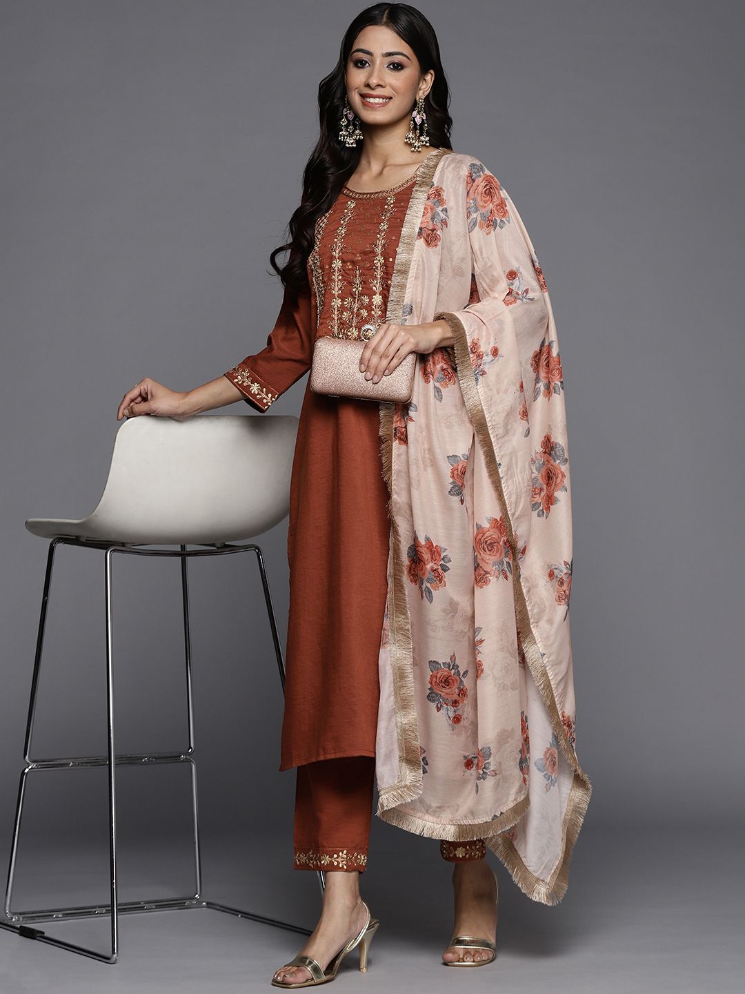 Dhiyona VA Women's Rust Orange Yoke Design Sequinned Kurta with Trousers & Dupatta