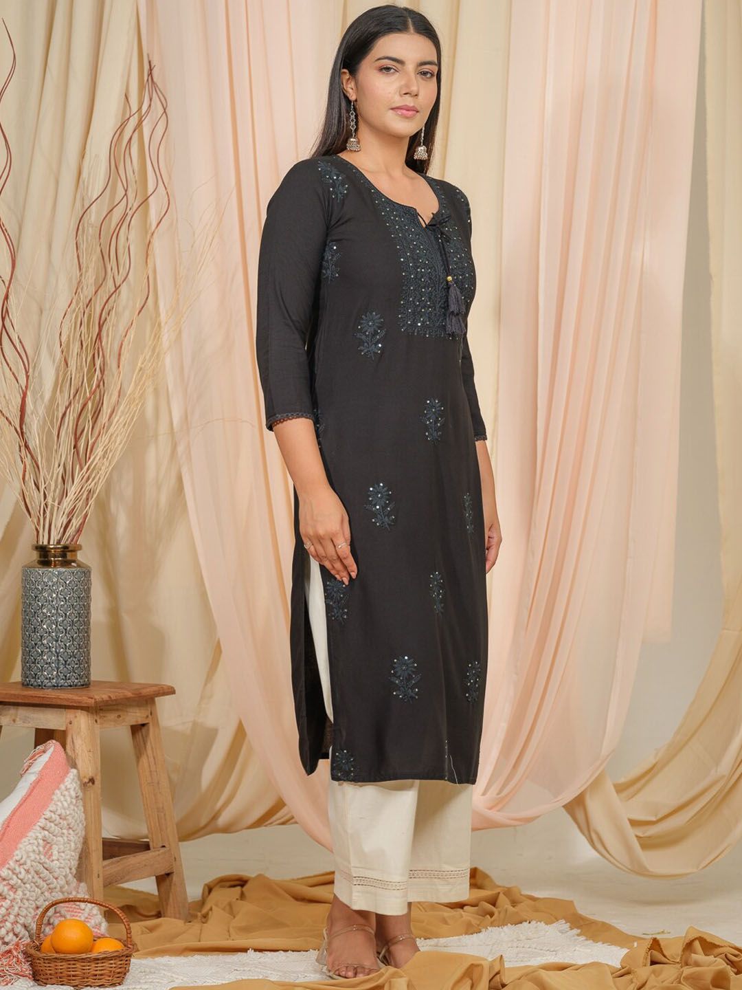 Dhiyona OD Tie U[p Neck Sequined Embroidered Straight Kurta