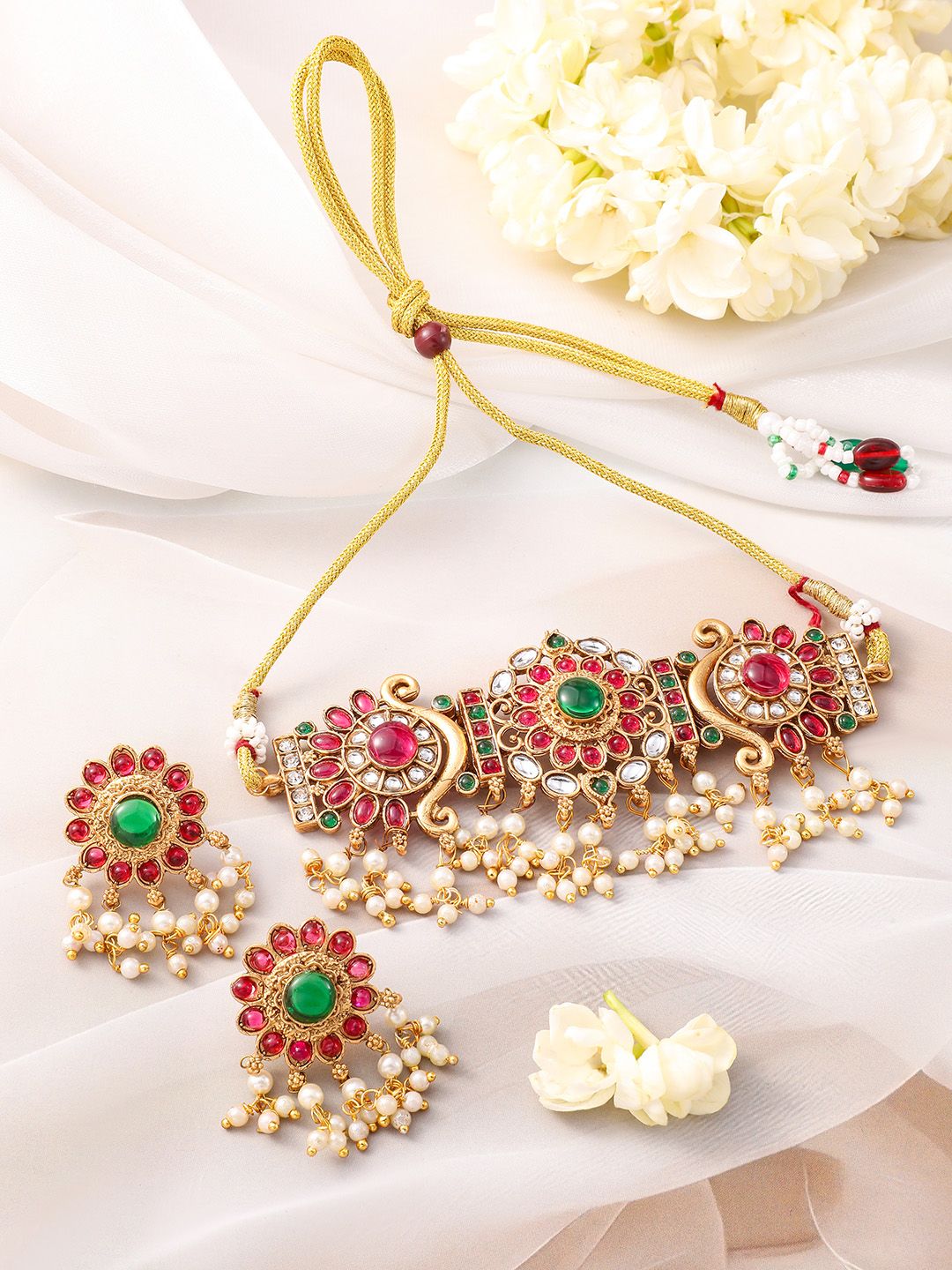 Dhiyona RJ Women's 22K Gold-Plated Emerald & Ruby Pink Kundan Choker Jewellery Set with Pearl Beads