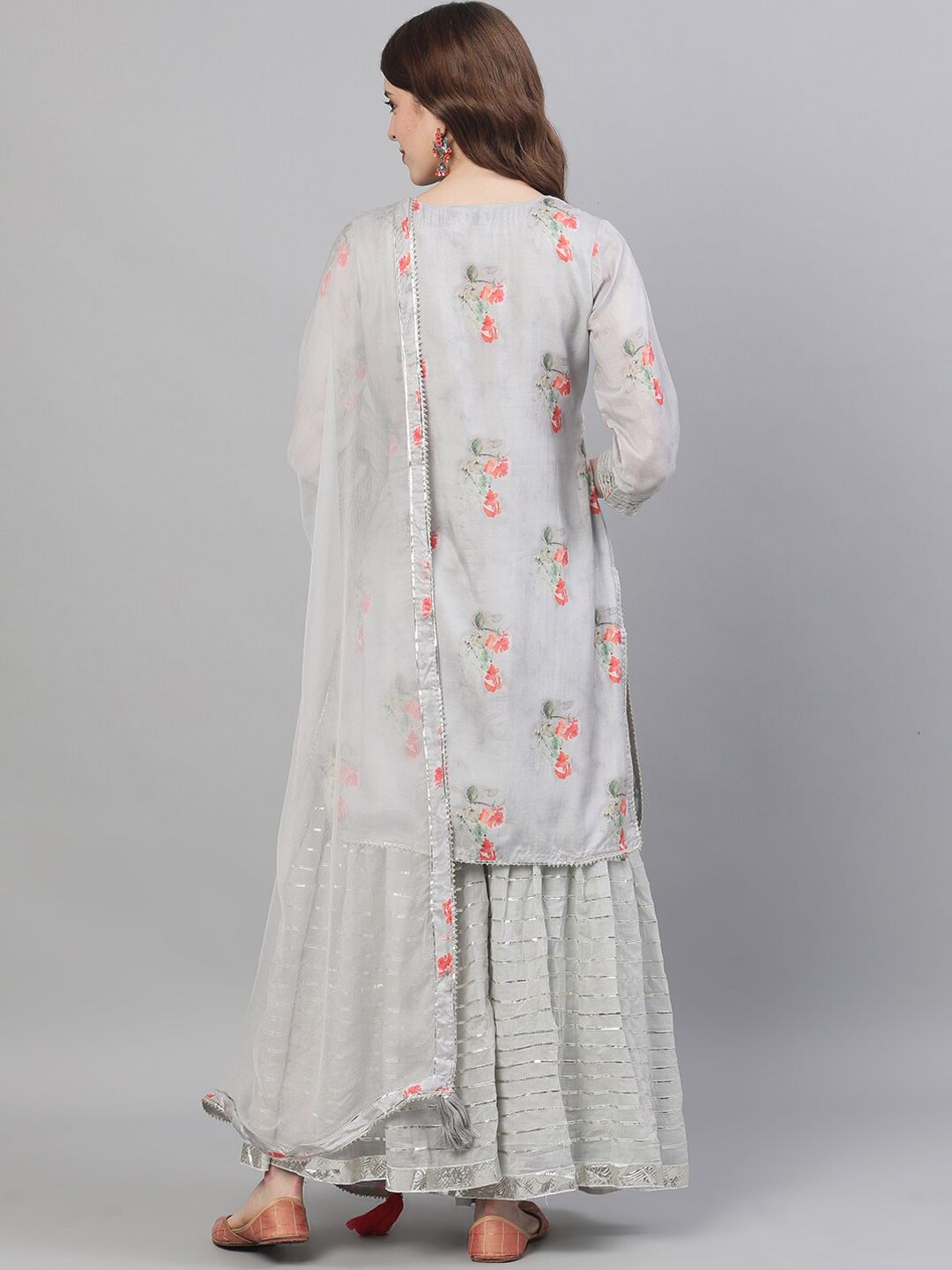 Dhiyona IS Women's Floral Embroidered Mirror Work Pure Silk Kurta with Sharara & Dupatta