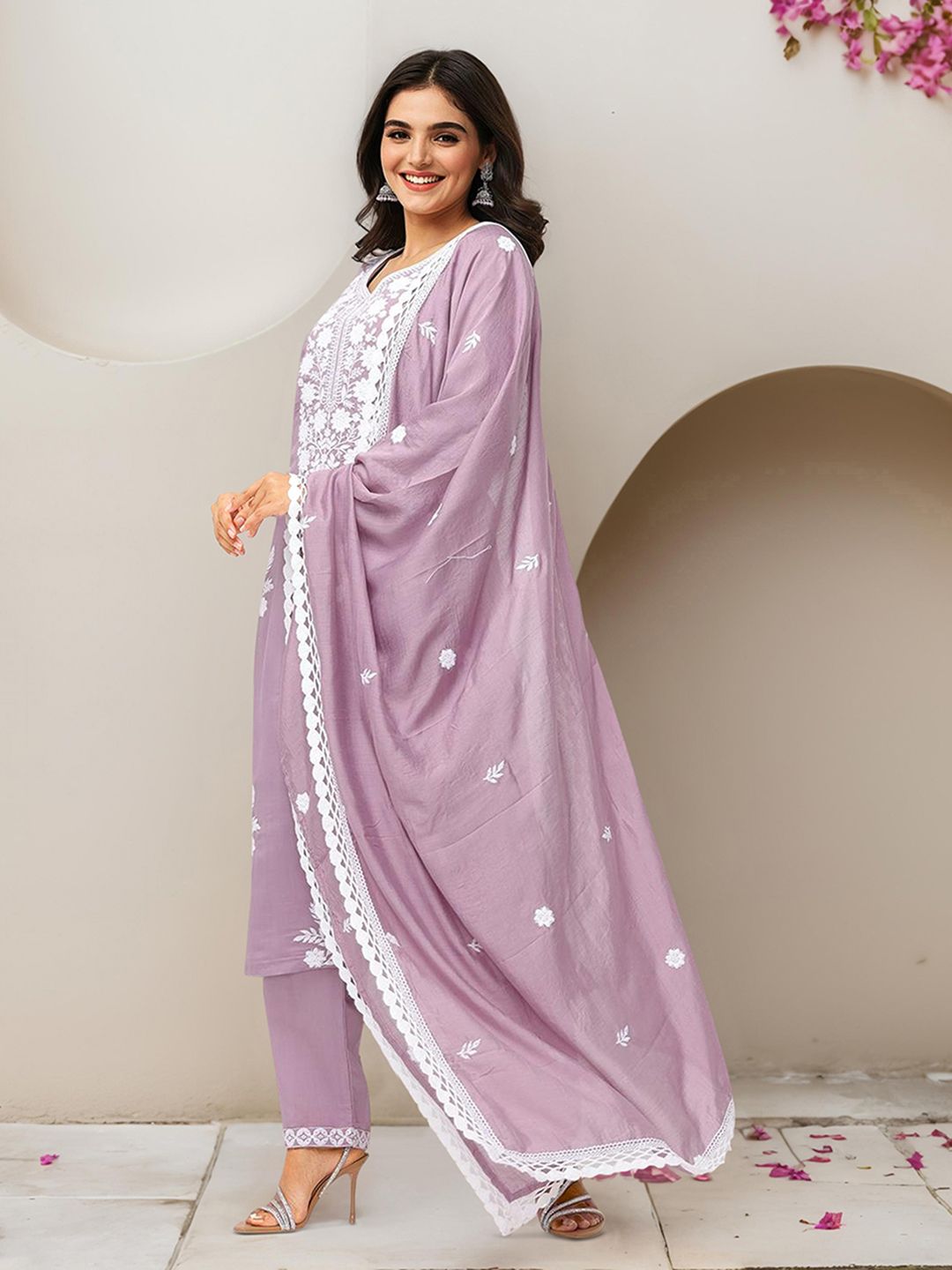 Dhiyona IS Women's Ethic Motifs Embroidered Straight Thread Work Kurta with Trousers & Dupatta