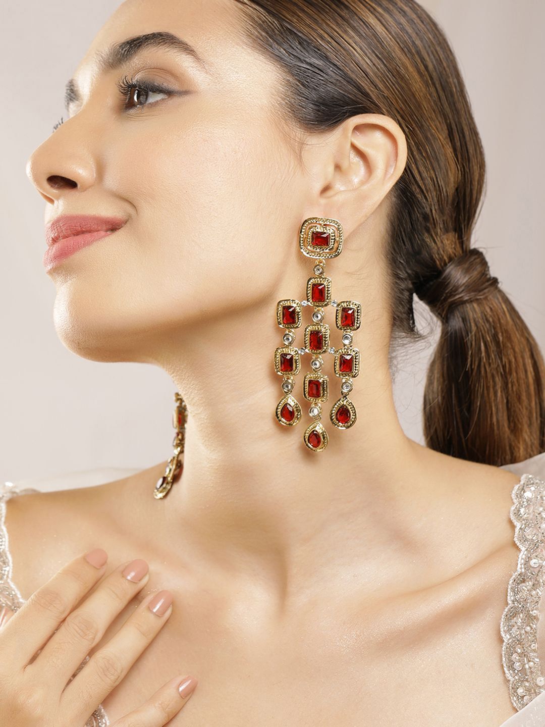 Dhiyona RJ Women's 22K Gold-Plated Ruby Red & Zirconia Studded Long Dangle Earrings