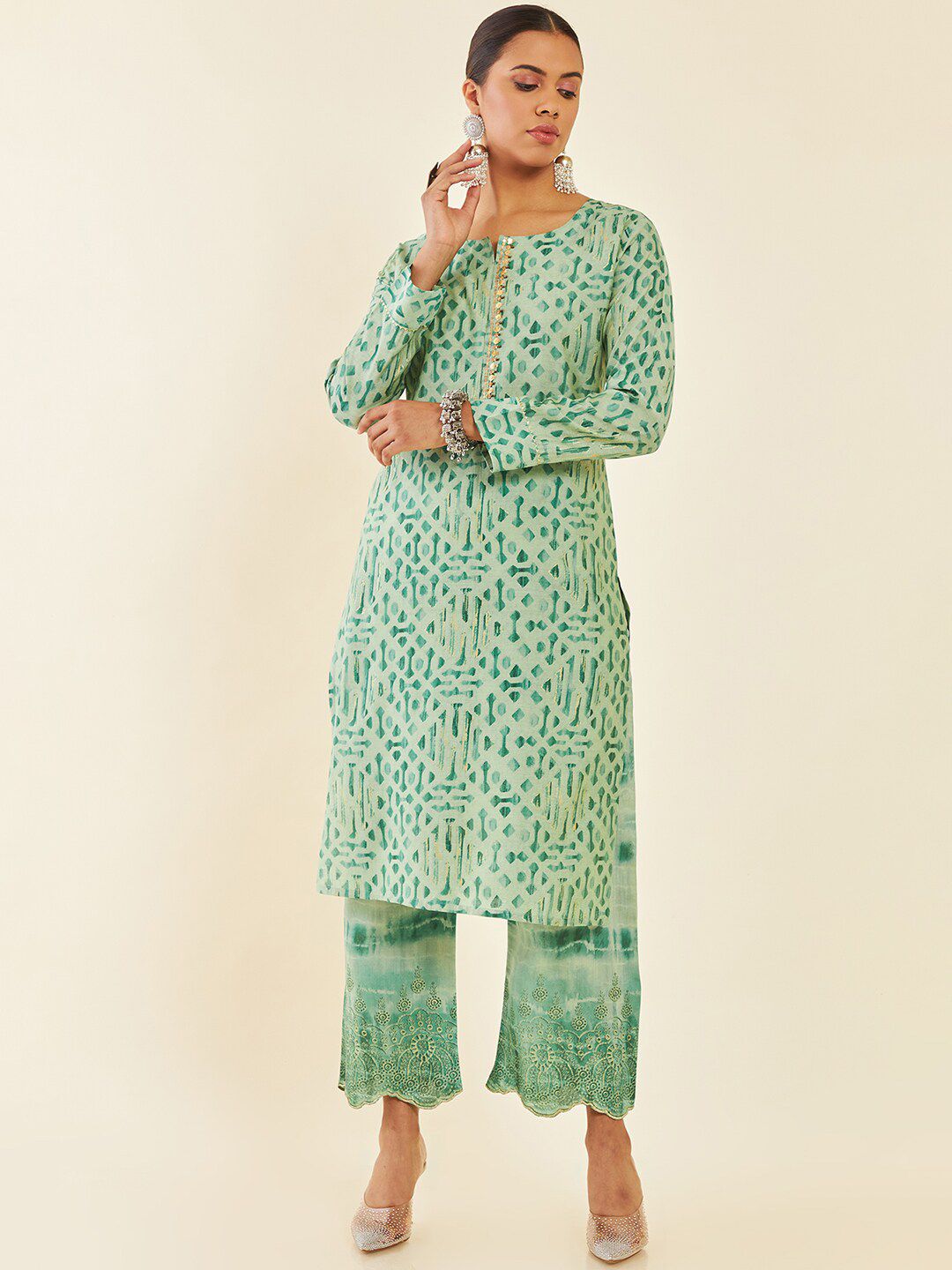 Dhiyona SO Women's Printed Sequinned Straight Kurta With Palazzos