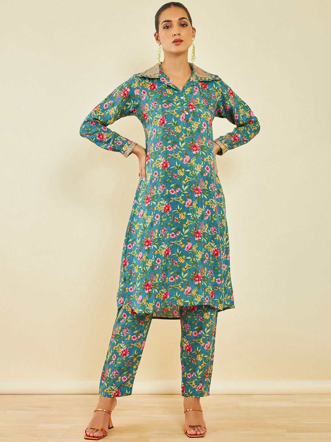 Dhiyona SO Women's Floral Kalamkari Printed Shirt Collar Kurta with Trousers