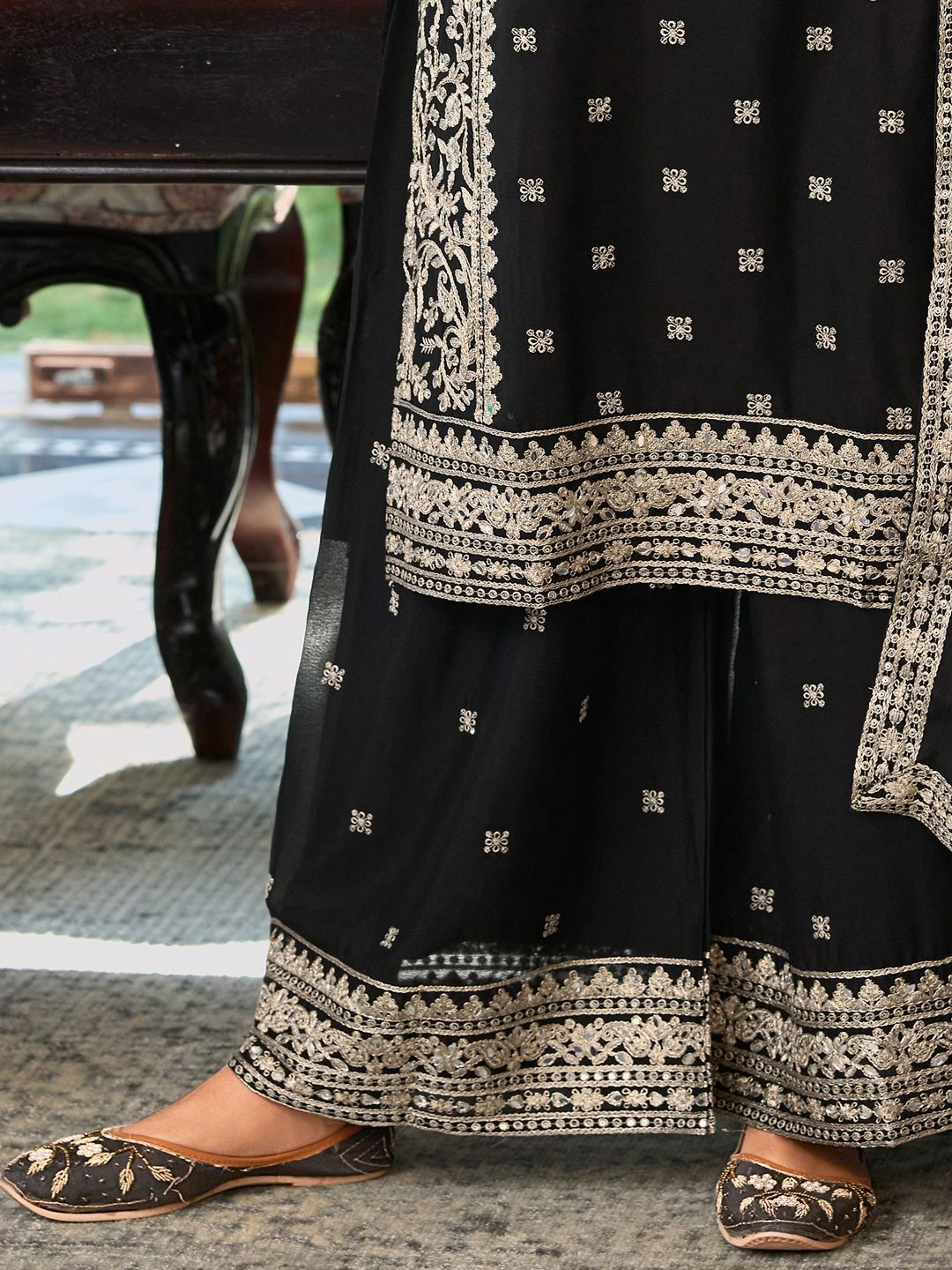 Floral Embroidered Round Neck Mirror Work Straight Kurta With Palazzos & Dupatta