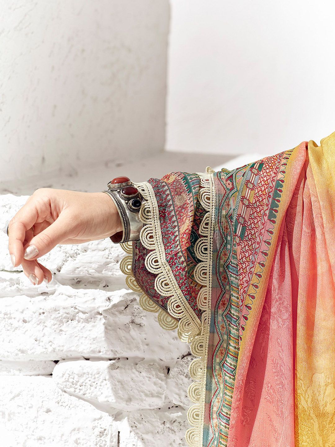 Dhiyona IE Peach Coloured Floral Printed Straight Kurta with Trousers & Dupatta