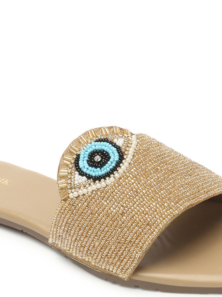 Dhiyona AK Beige Embellished Evil Eye Classic Open Toe Flats