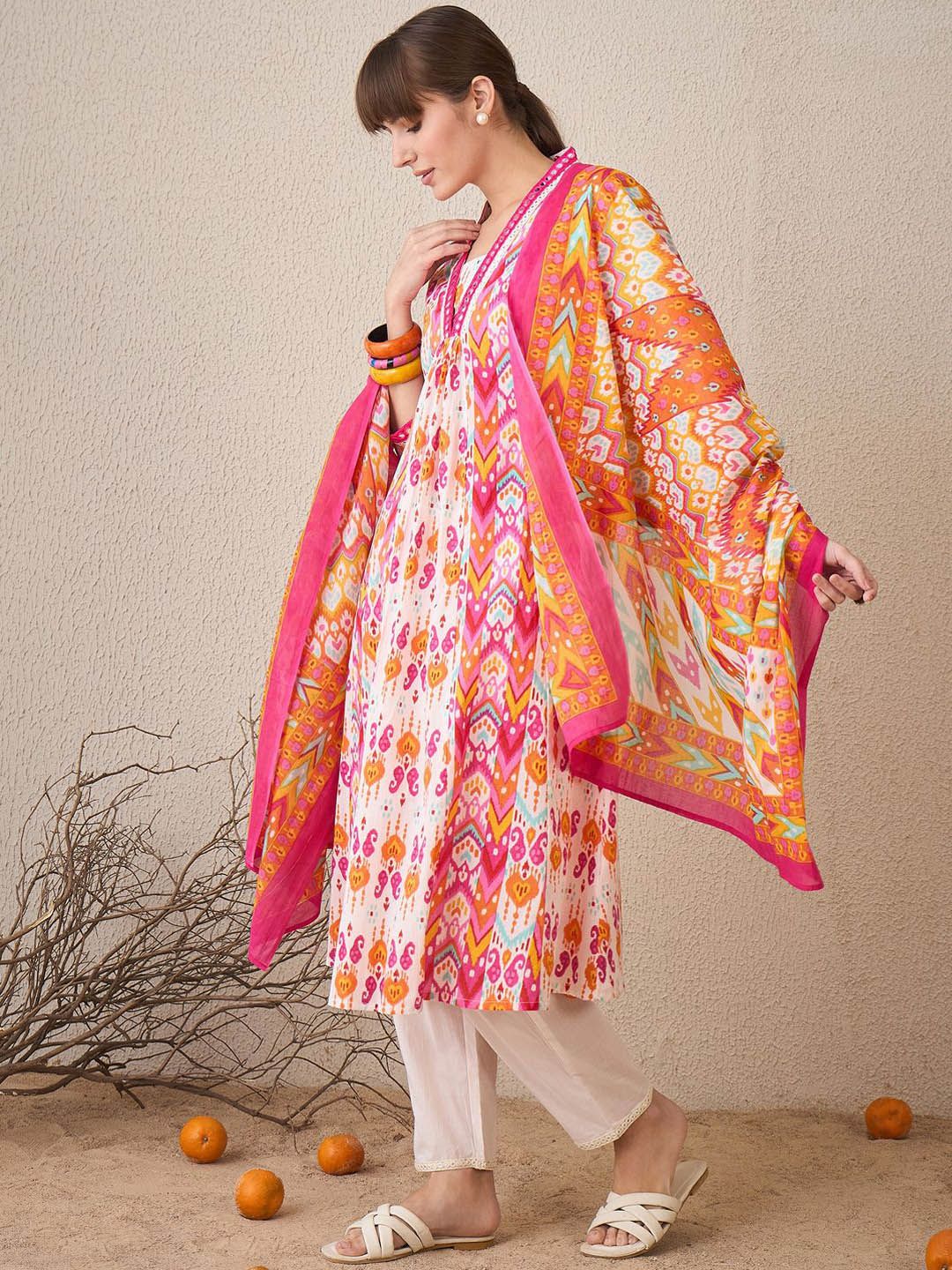 Dhiyona IE Women Printed Panelled Mirror Work Pure Cotton Kurta with Trousers & With Dupatta