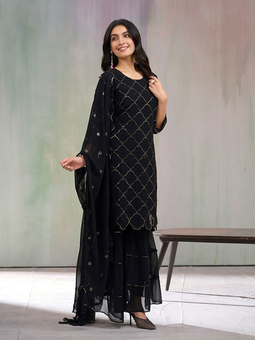 Dhiyona CH Floral Embroidered Sequinned Georgette Straight Kurta With Sharara & Dupatta