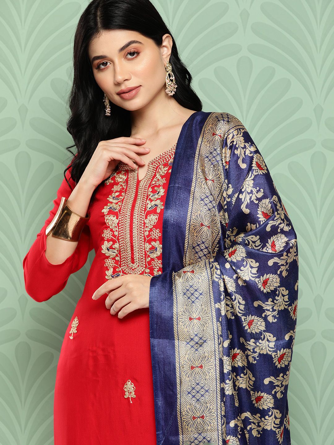Dhiyona VA Women's Floral Yoke Design Regular Kurta with Trousers & With Dupatta