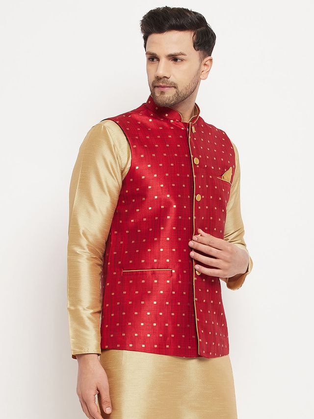 Men's Gold Silk Blend Straight Jacket Kurta and Dhoti Set