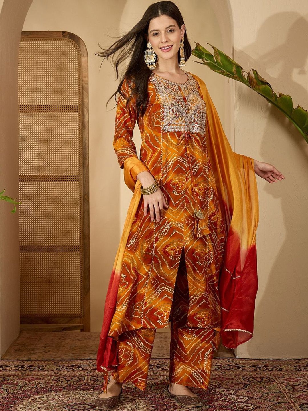 Dhiyona SN Women's Bandhani Printed Sequinned A-Line Kurta With Trousers & Dupatta