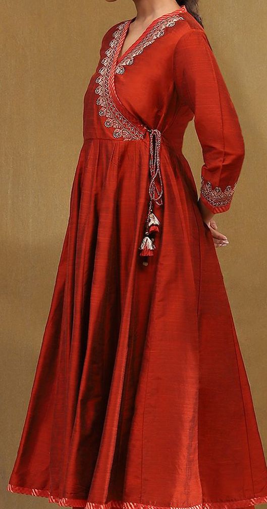 Women's Rust Embroidered Angrakha Festive Anarkali Suit Set