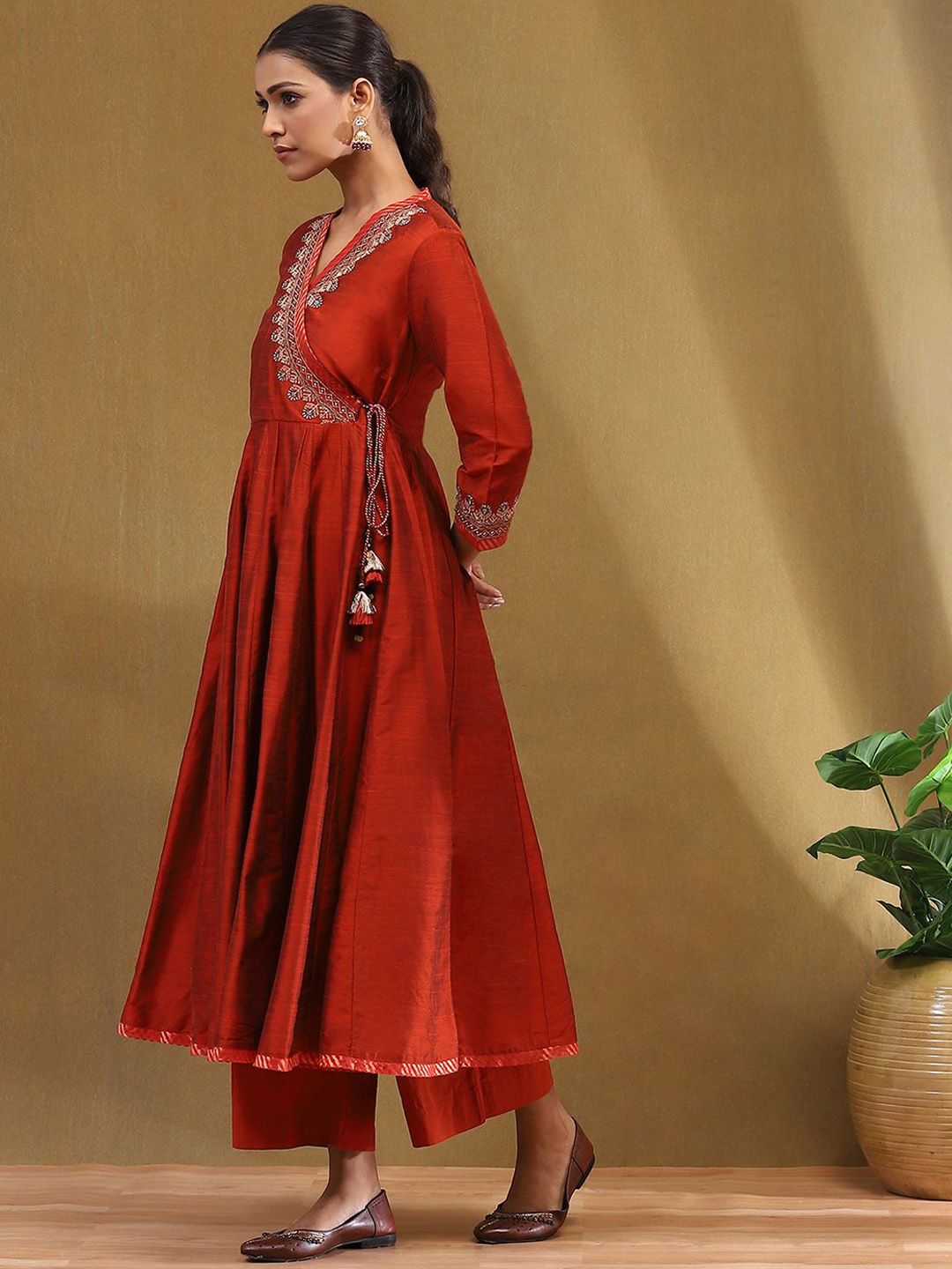 Women's Rust Embroidered Angrakha Festive Anarkali Suit Set