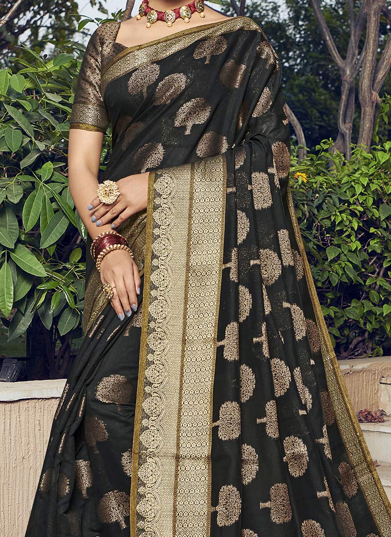 Dhiyona GR Women's Yashomati Leather Black Zari Woven Design Chanderi Cotton Saree