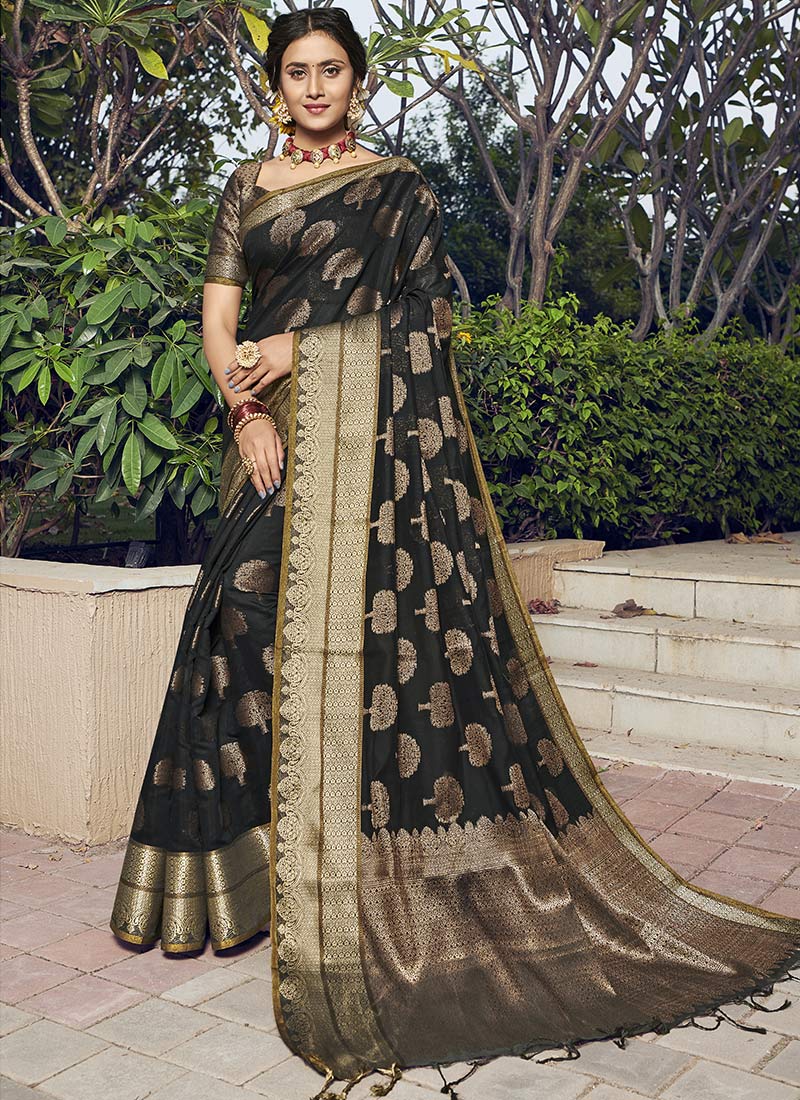 Dhiyona GR Women's Yashomati Leather Black Zari Woven Design Chanderi Cotton Saree