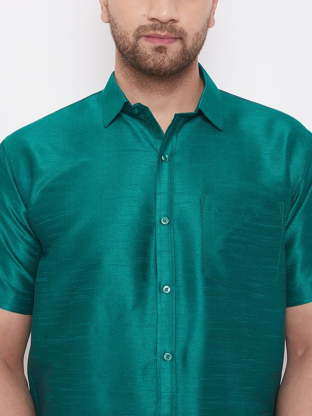 Men's Green Silk Blend Straight Shirt And Mundu