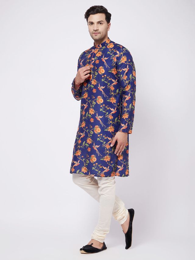Men's MulticoloredBaseBlue Muslin Straight Kurta Pyjama Set