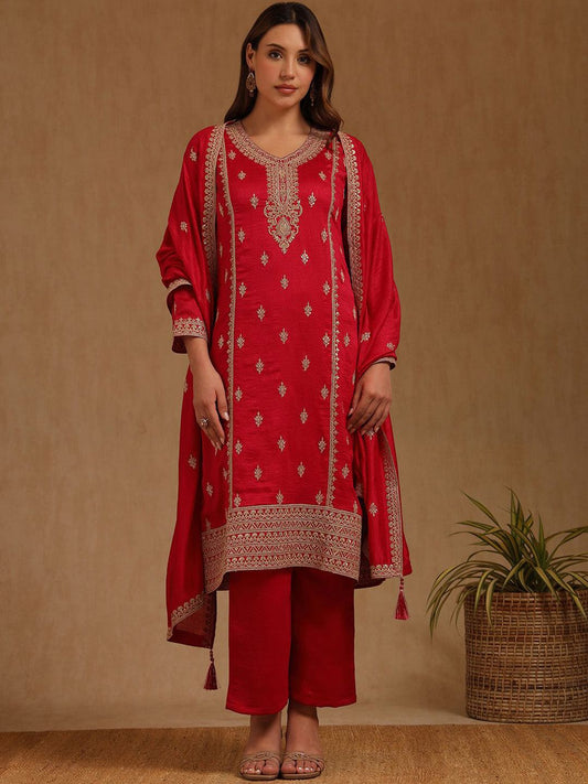 Dhiyona SO Women's Floral Embroidered V-Neck Zari Straight Kurta & Trousers With Dupatta