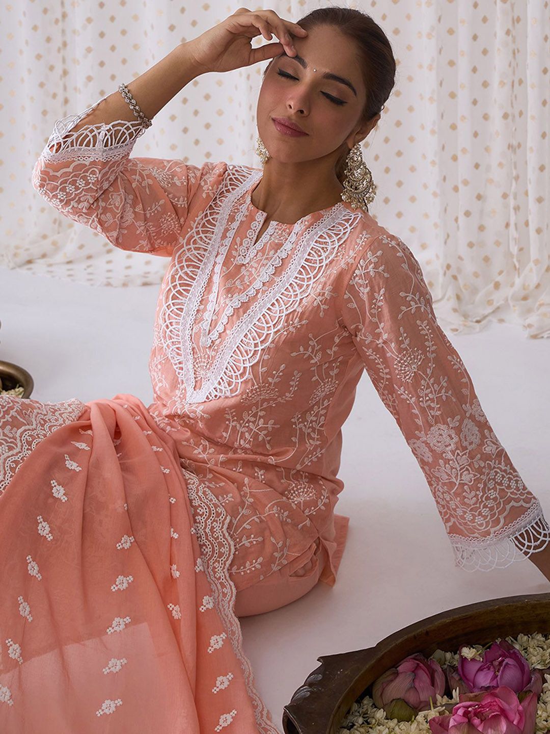 Floral Embroidered Pure Cotton Straight Kurta With Trousers & Dupatta