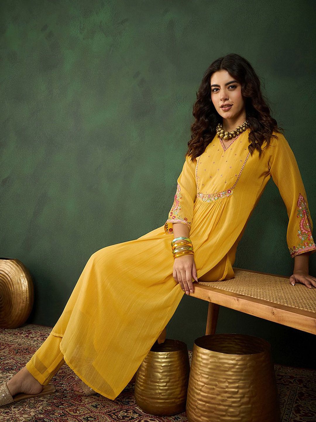 Dhiyona SN Women's V Neck Embroidered Kurta Sets