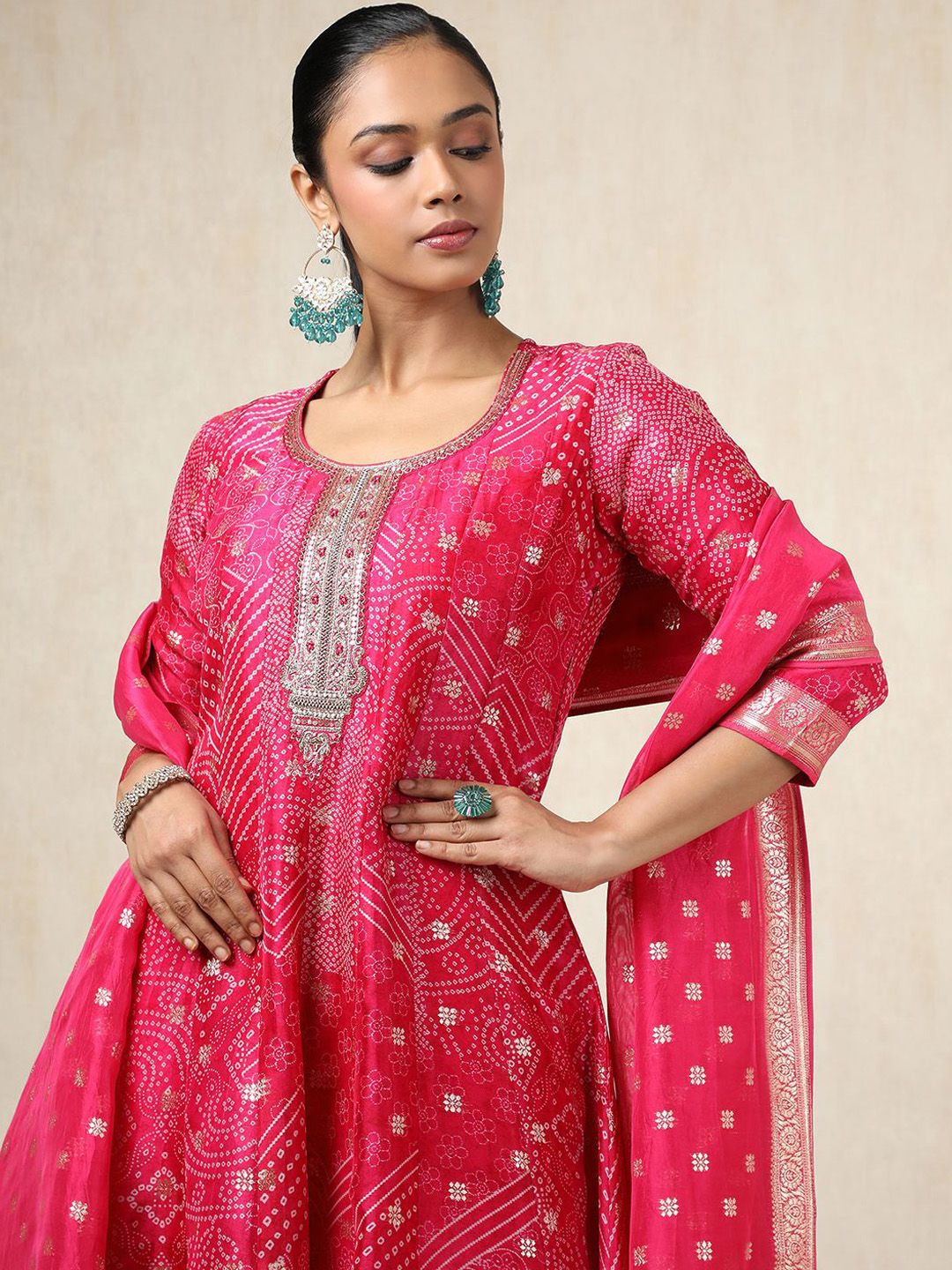 Dhiyona SO Women's Bandhani Printed Thread Work A-Line Kurta With Trousers And Dupatta
