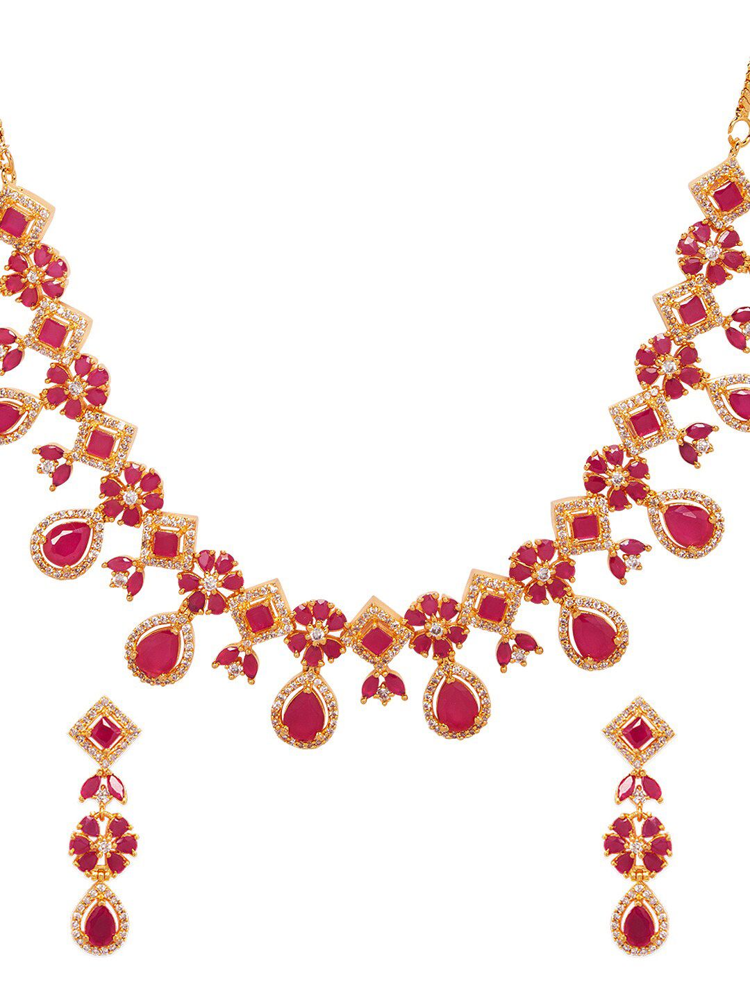 Dhiyona RJ Women's 22K Gold-Plated Ruby Pink & White Cubic Zirconia Studded Floral Drop Necklace Set