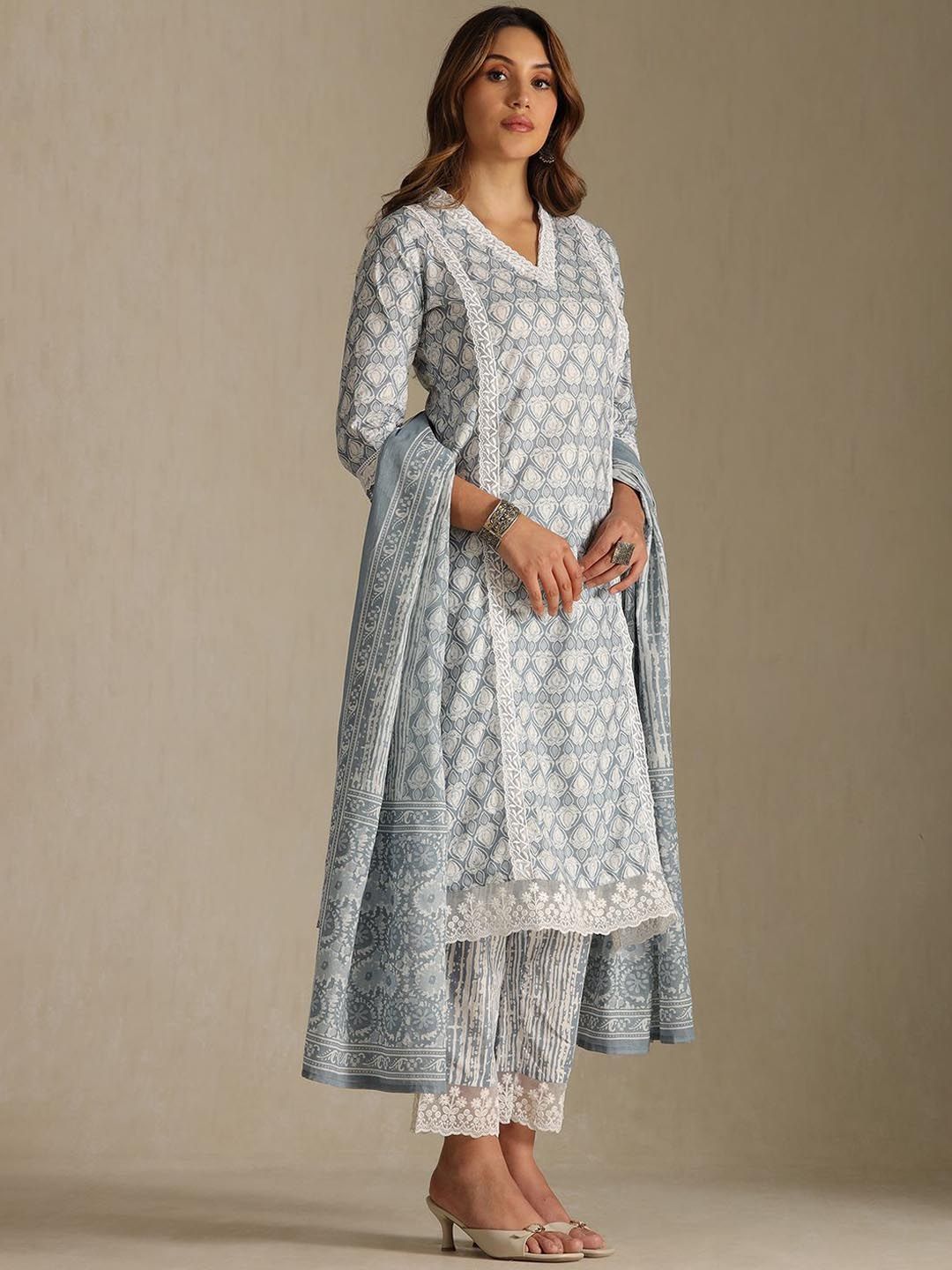 Dhiyona SO Women's Floral Printed Thread Work V-Neck Straight Kurta With Trousers And Dupatta