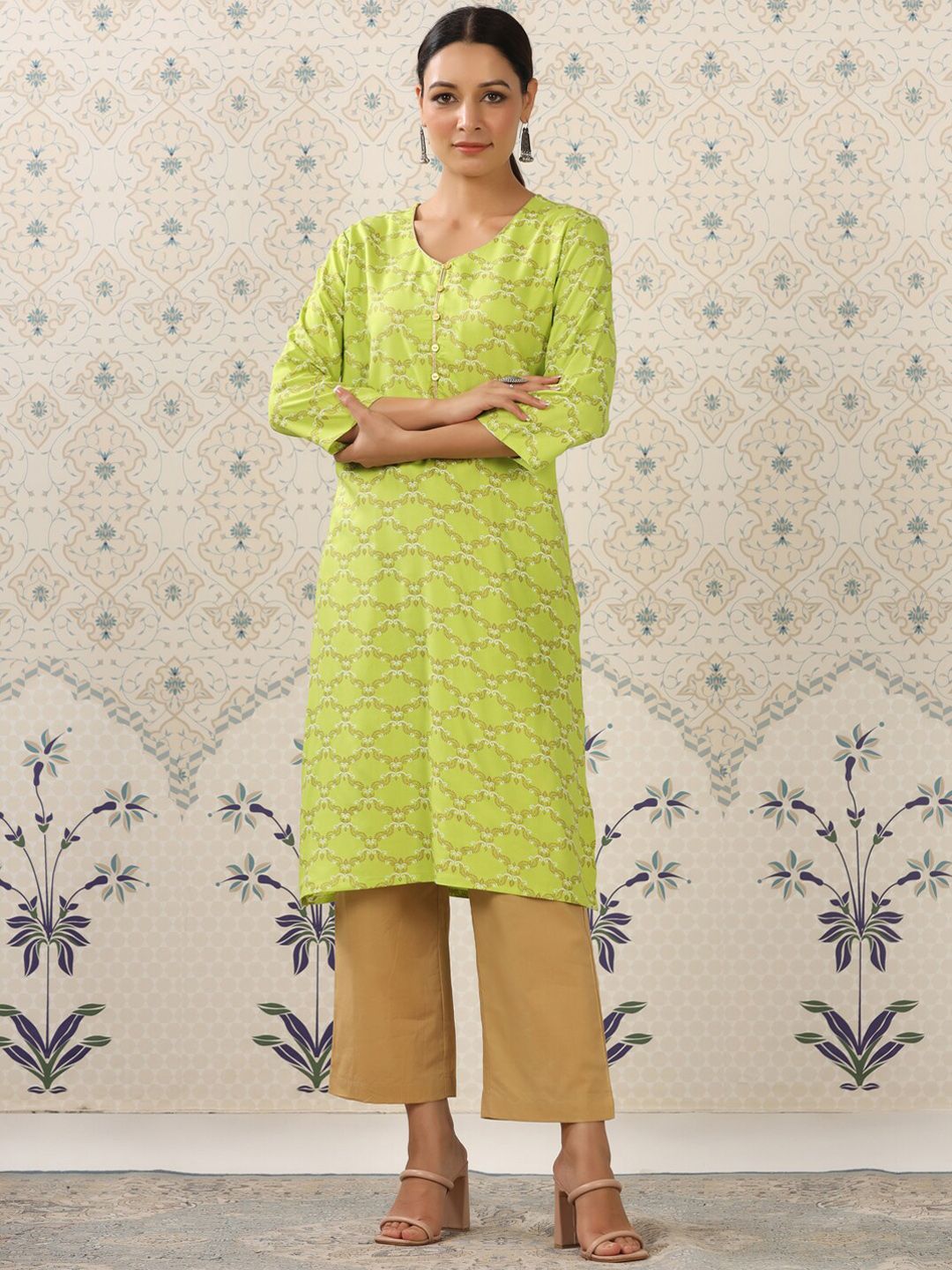 Dhiyona OD Lime Green & Beige Printed V Neck Kurta With Palazzos