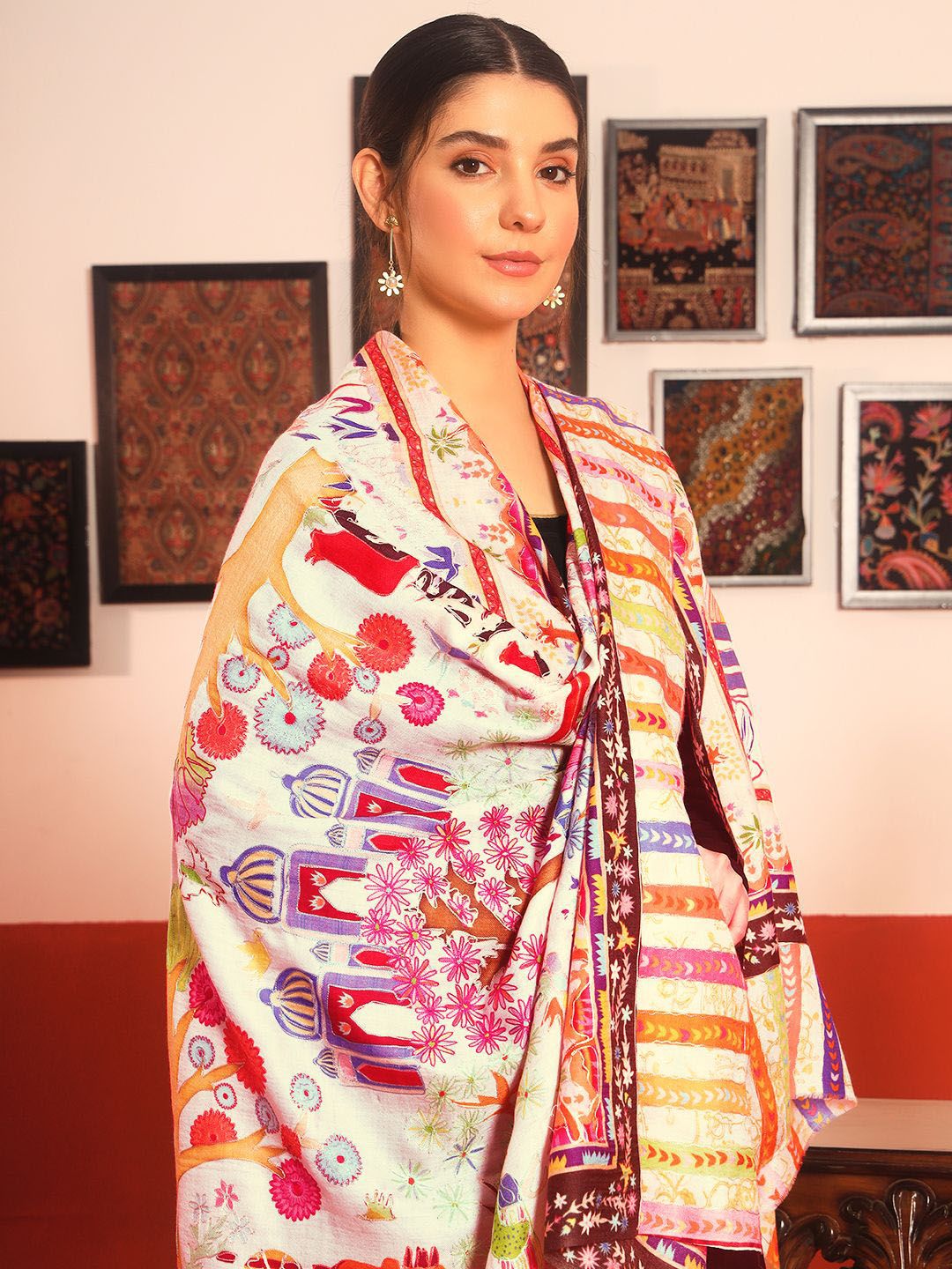 Dhiyona PA Floral Kalamkari Printed Woollen & Silk Shawl