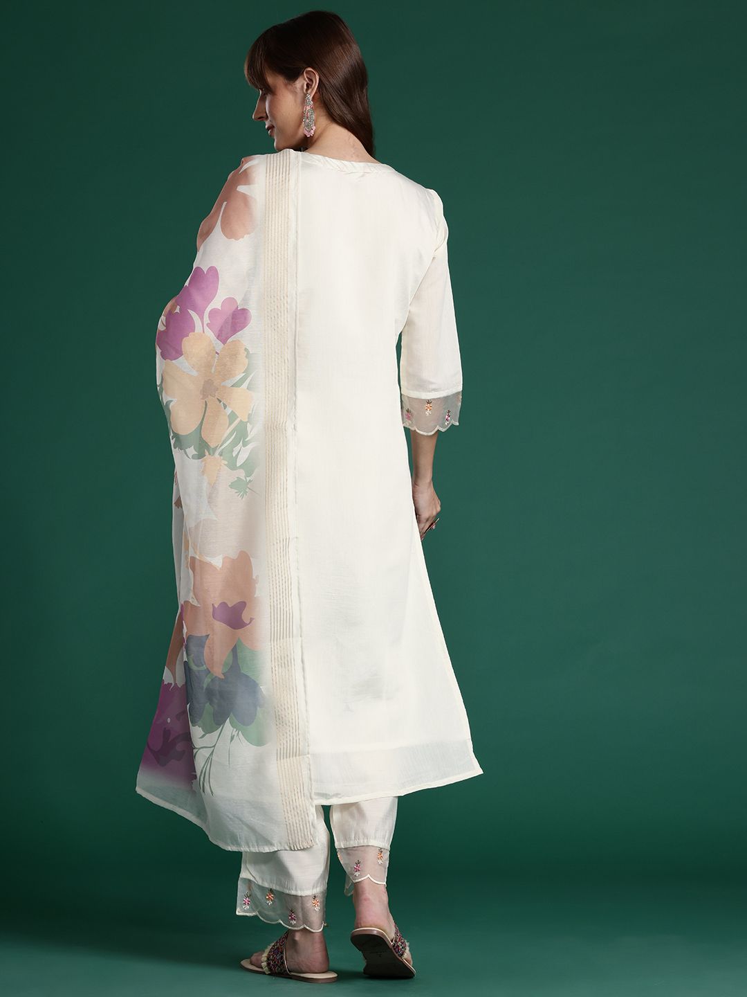 Floral Embroidered Mirror Work Chanderi Silk Kurta With Trousers & Dupatta
