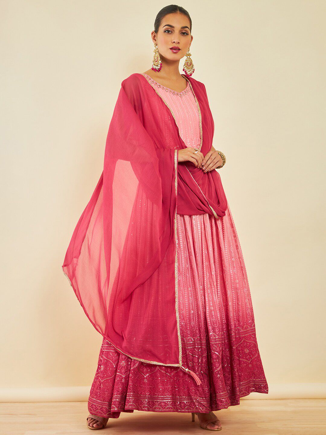 Dhiyona SO Women's Floral Embroidered Sequinned Anarkali Kurta With Trousers & Dupatta