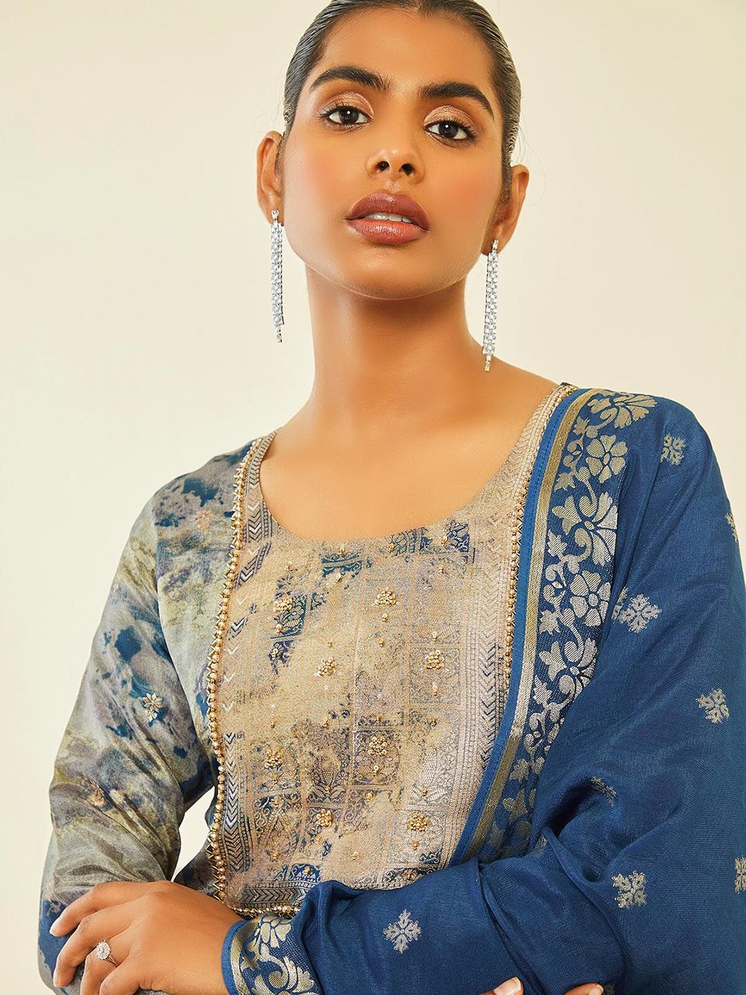 Dhiyona SO Women's Ethnic Motifs Printed Beads and Stones Kurta with Trousers & Dupatta