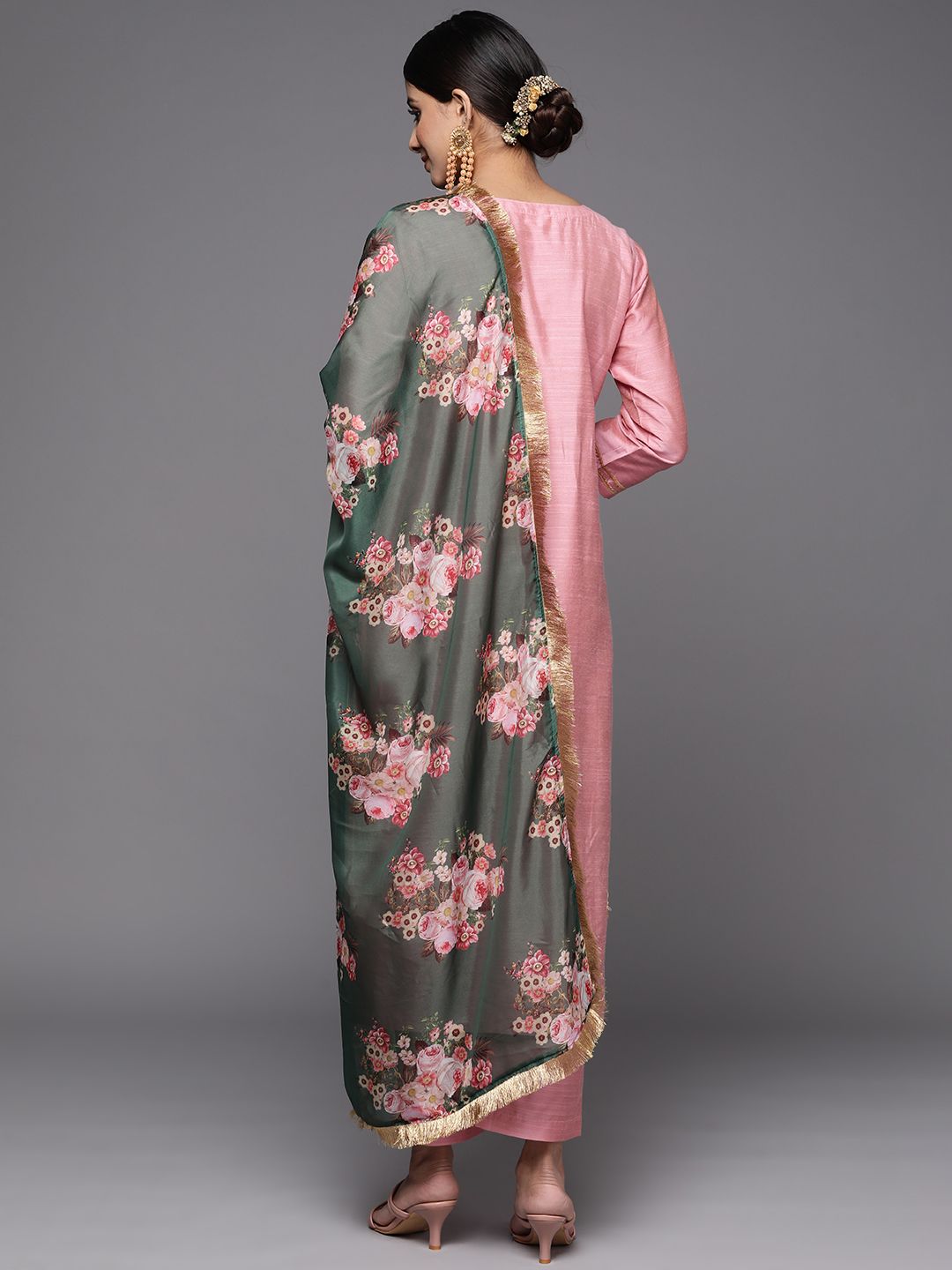 Dhiyona VA Women'sFloral Yoke Design Sequinned Dupion Silk Straight Kurta with Trouser & Dupatta