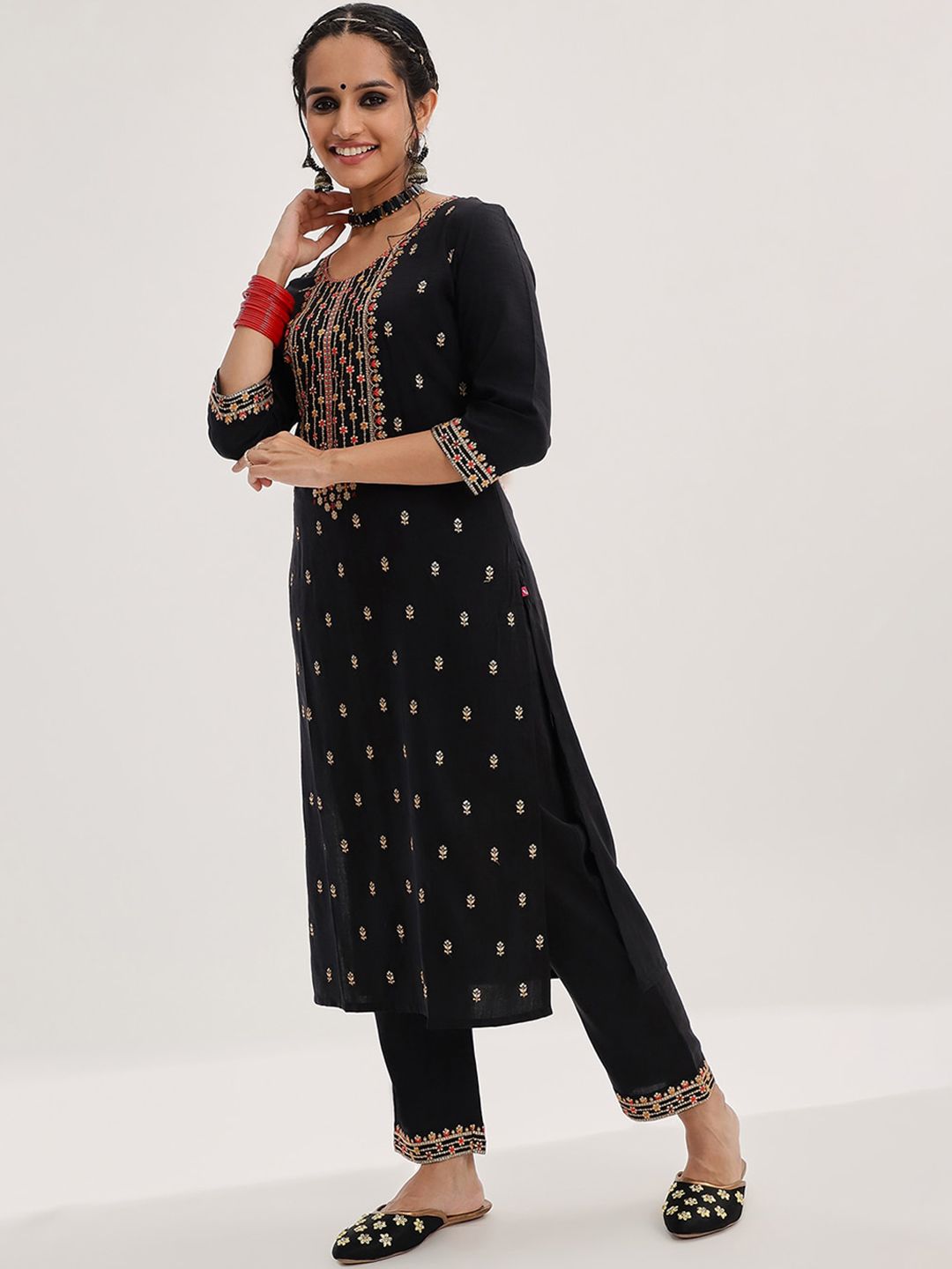 Dhiyona VA Women'sBlack Ethnic Motifs Embroidered Sequinned Straight Kurta & Trousers With Dupatta