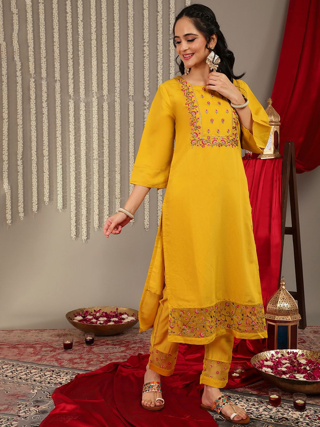 Dhiyona VA Women'sFloral Embroidered Yoke Design Kurta with Trousers & With Dupatta