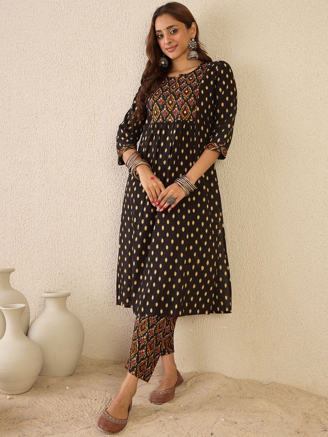 Dhiyona IE Women Printed Pleated Mirror Work Pure Cotton Kurta with Trousers