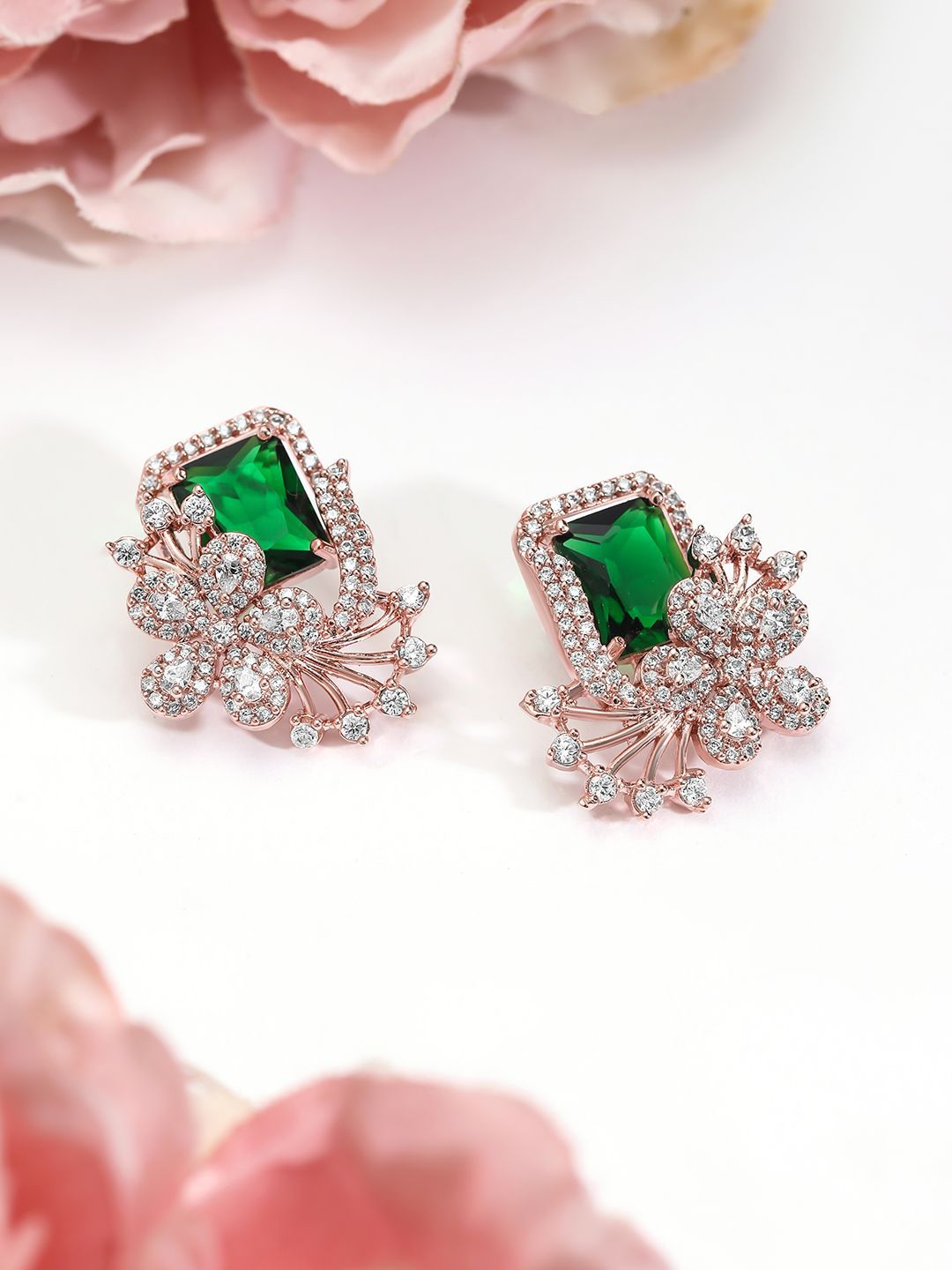 Dhiyona RJ Women's 18K Rose Gold-Plated Emerald Green & Cubic Zirconia Studded Floral Stud Earrings