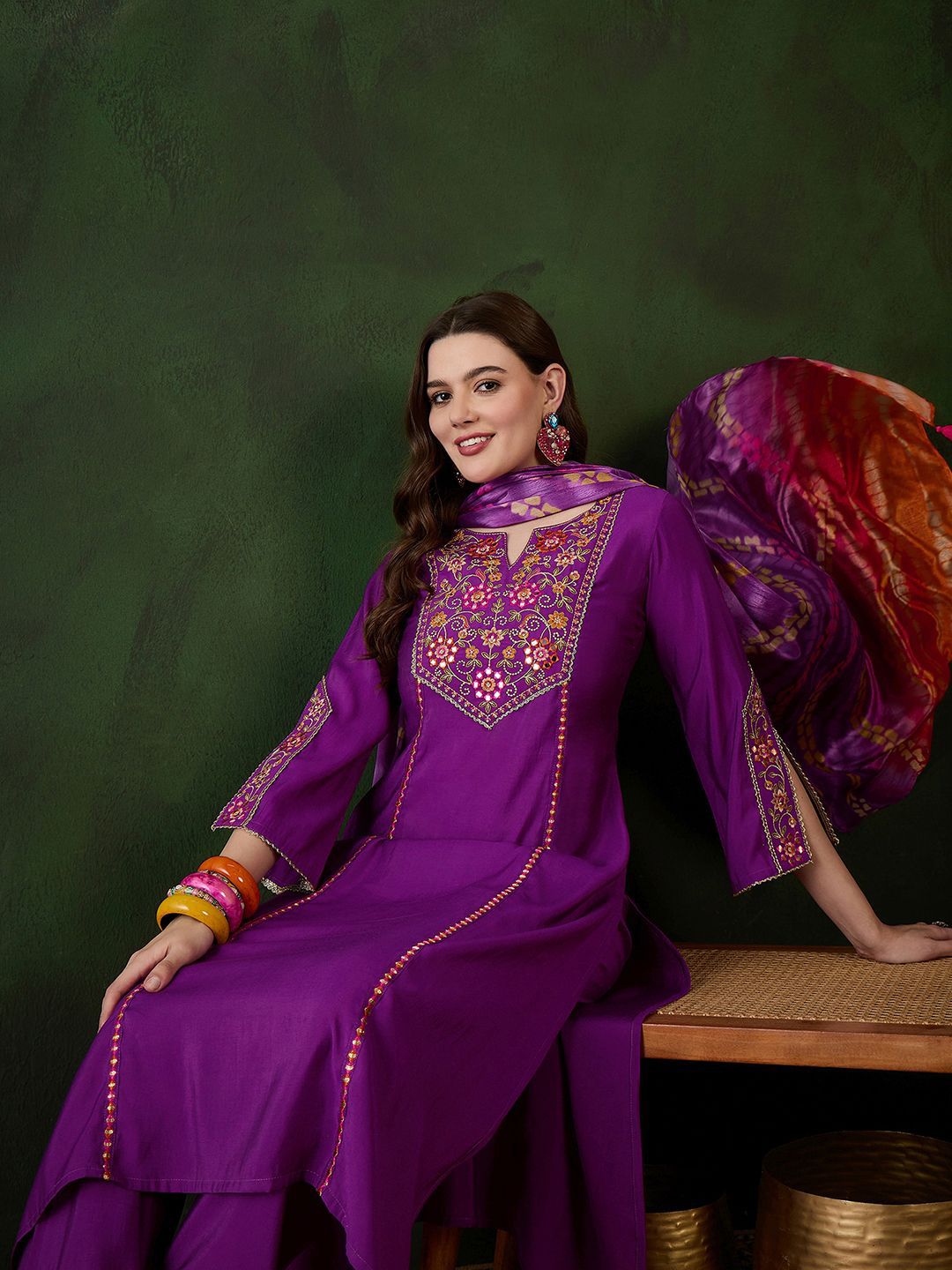 Dhiyona SN Women's Purple Floral Embroidered Mirror Work A-Line Kurta With Trouser And Dupatta