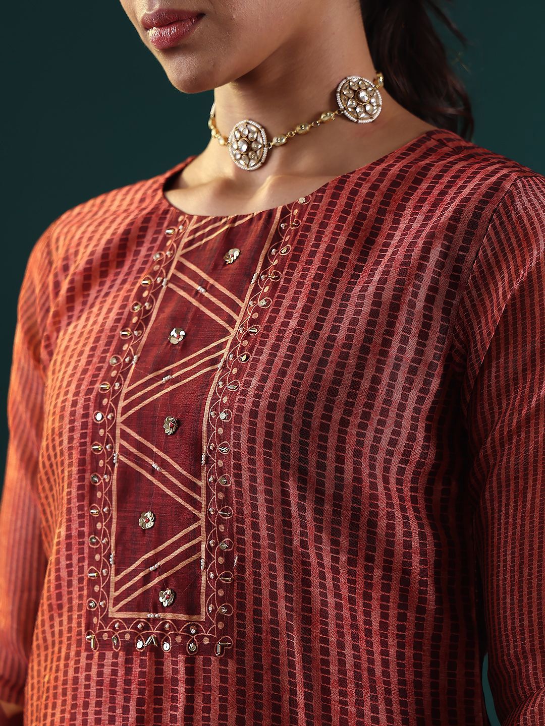 Dhiyona VA Women's Printed Regular Sequinned Chanderi Silk Kurta with Trousers & With Dupatta