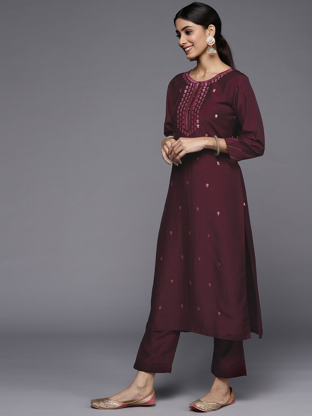 Dhiyona VA Women's Burgundy Floral Embroidered Sequinned Kurta with Trousers & Dupatta