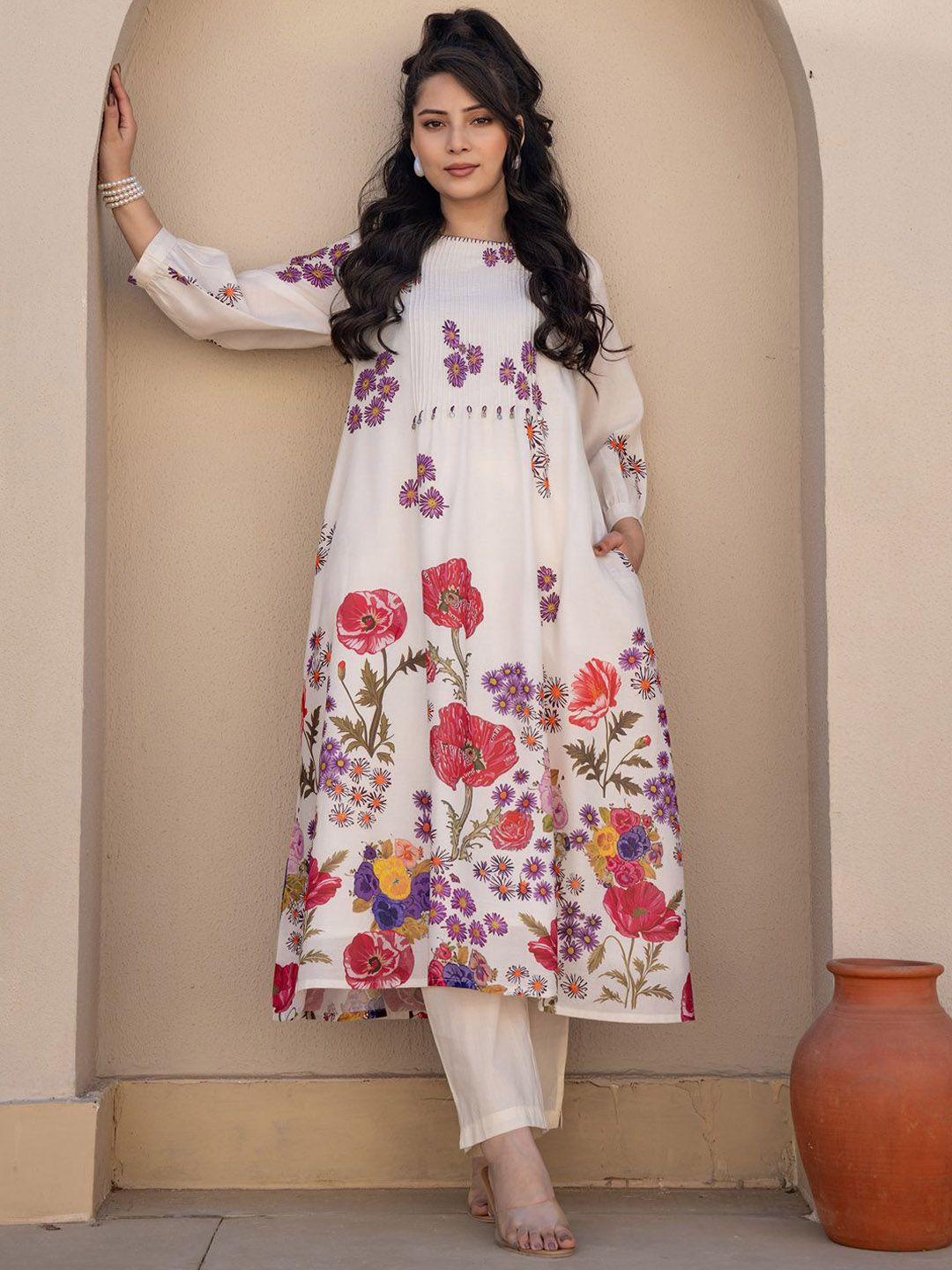 Dhiyona IE Floral Printed A-Line Sequinned Pure Cotton Kurta With Trousers