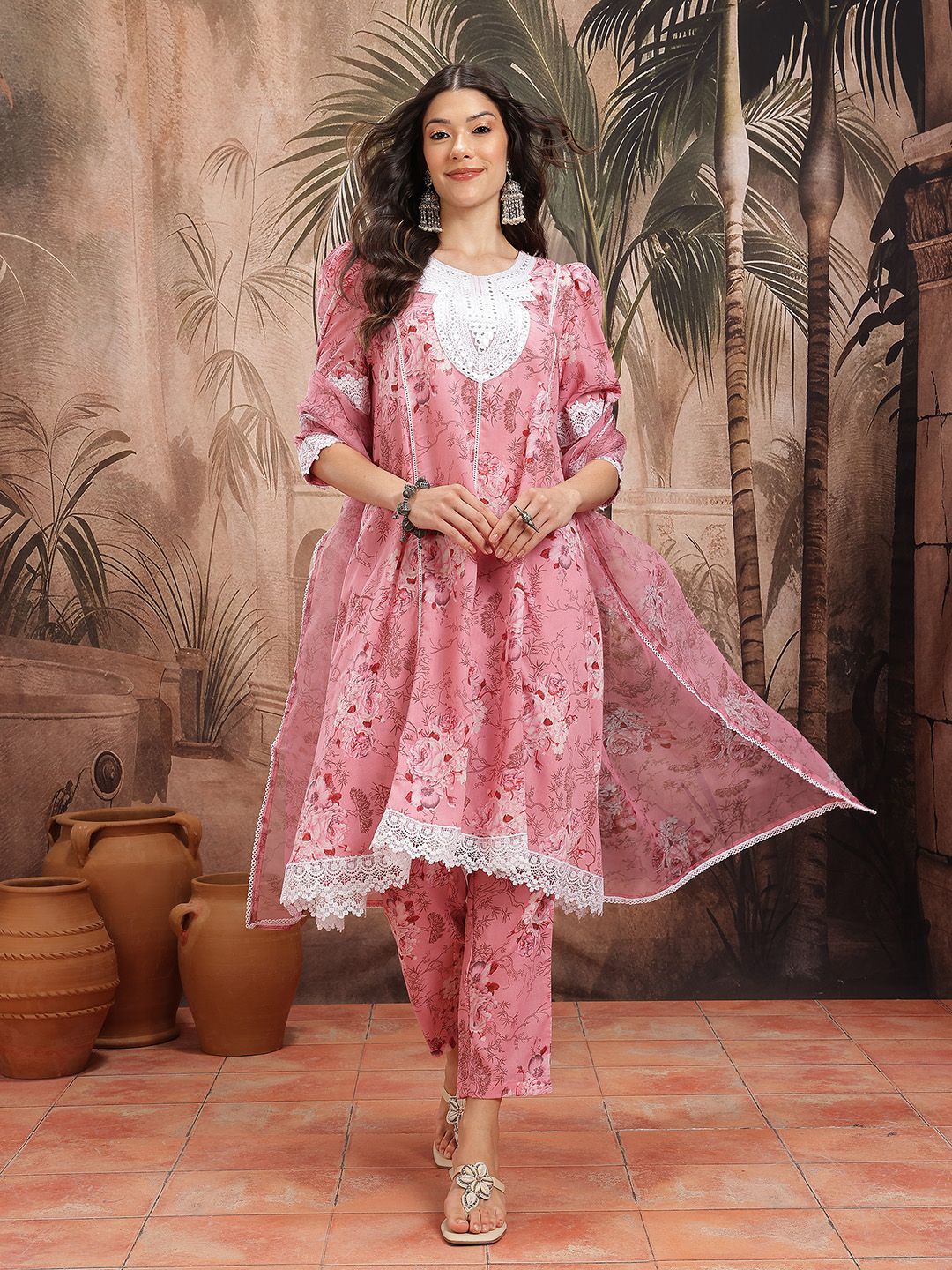 Dhiyona SN Women's Floral Print Paneled Kurta with Trousers & Dupatta
