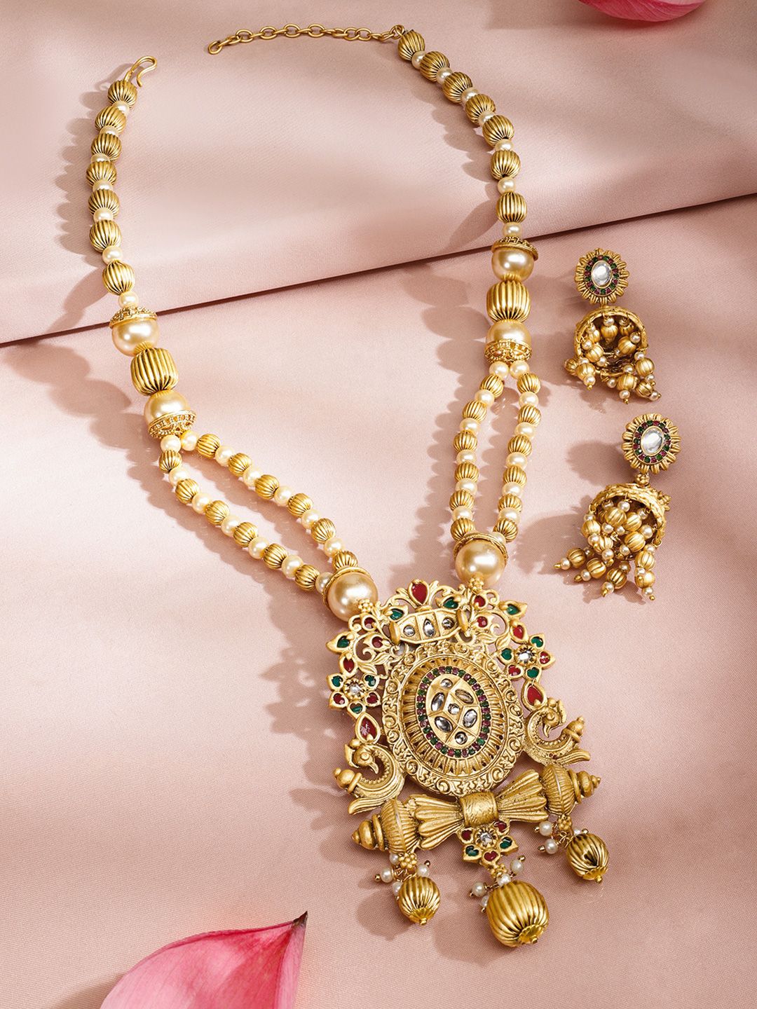 Dhiyona RJ Women's 22K Gold Plated Ruby,Emerald Kundan Studded Pearl & Gold Beaded Jewellery Set